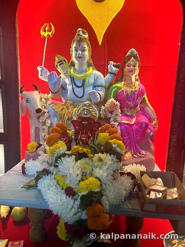 Shiva and Parvati idols with marigolds