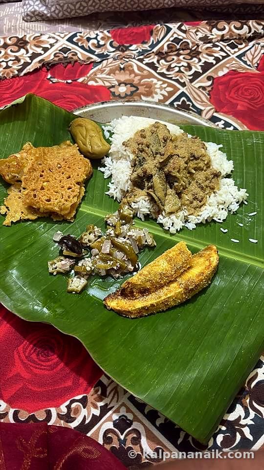 Goan thali on a banana leaf