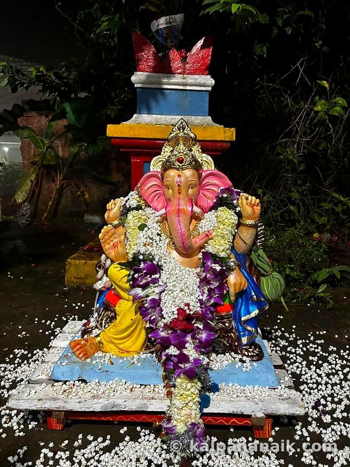 Ganesh idol on a decorated base